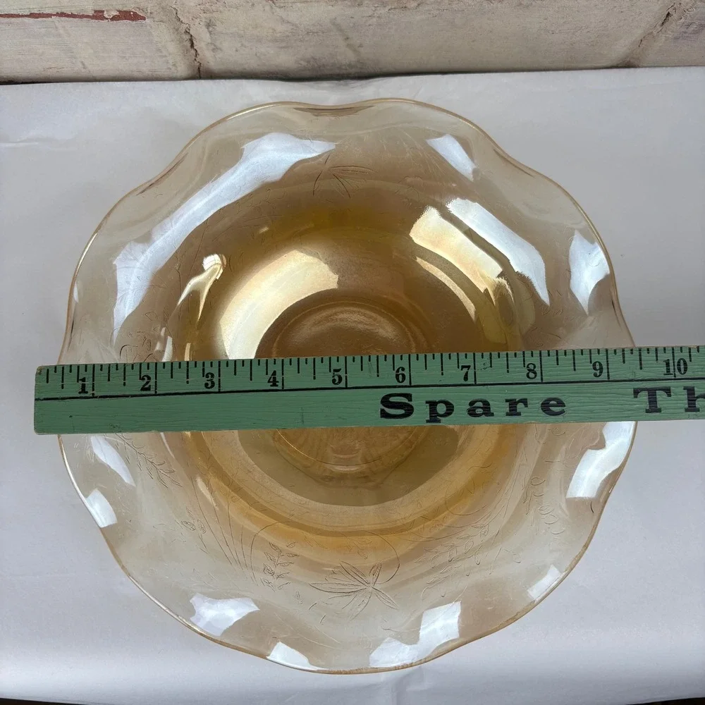 Vintage Amber Carnival Glass‎ Bowl — Raised Floral Pressed Pattern Scrolled Edge